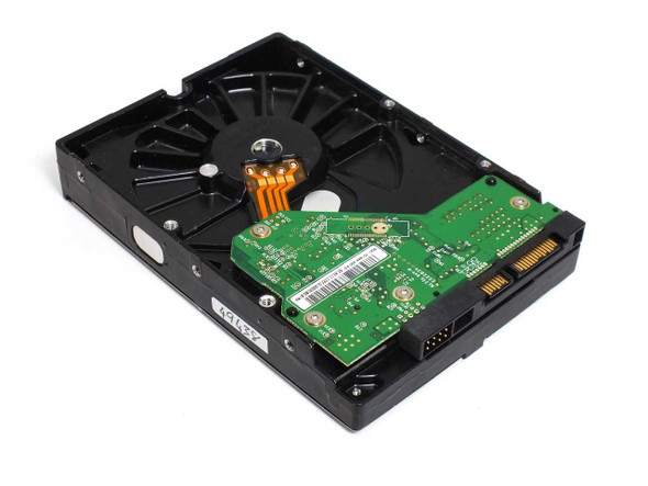 Western Digital WD800AAJS — PCB/controller board side view showing green circuit board, read/write arm, and SATA data connector