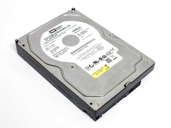 Western Digital WD800AAJS 80GB 3.5-inch SATA hard drive — top label and front angle view showing WD branding and SATA connector