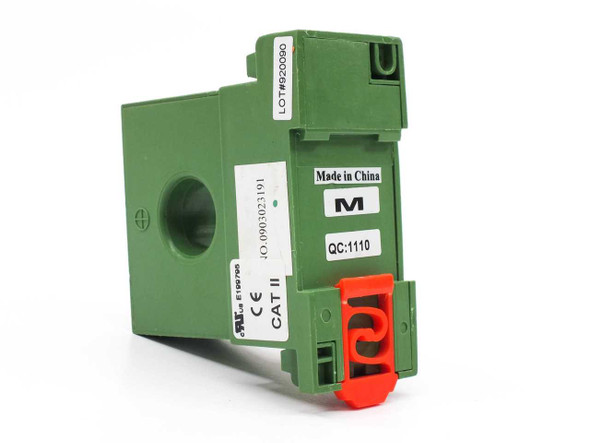 CR Magnetics CR4120-30 current transducer — rear/side view showing lot number label, Made in China mark, QC:1110 sticker, CE and CAT II safety markings, and red DIN rail release lever