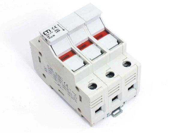 ETI VLC10 3-pole fuse holder disconnector front view showing three red LED indicators and white DIN rail body