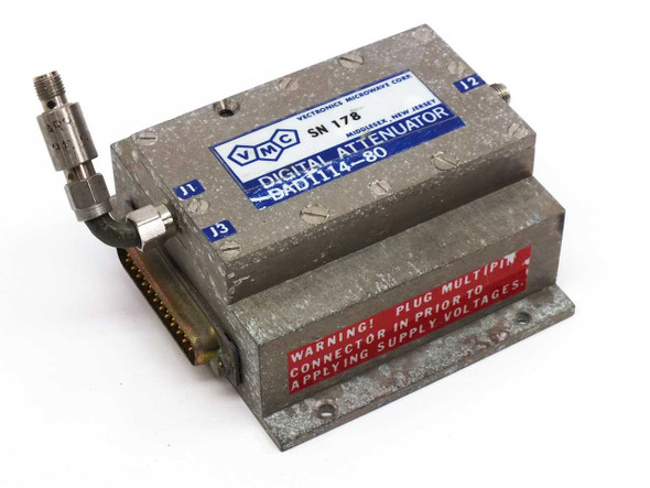 Vectronics Microwave VMC DAD1114-80 Digital Attenuator – front-left view showing VMC label, SMA connector at top, DB-25 connector at front, and red warning label