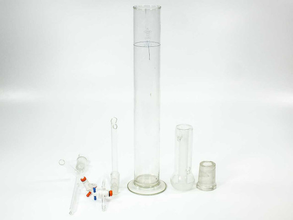 Kontes glass flask body with side arm and frosted ground glass stopper alongside chipped glass insert — detail view