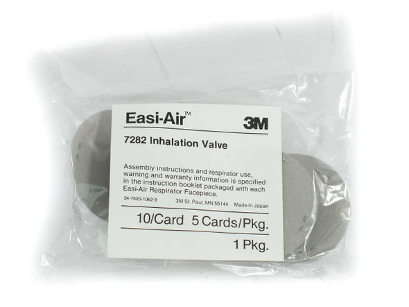 3M 7282 Easi-Air Inhalation Valve bag of 50 — front of sealed clear bag showing label with model number and 10/Card 5 Cards/Pkg markings