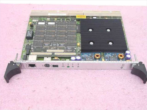 Sun 5383-02 SPARCengine CompactPCI 6U CPU board — top side showing Celestica 128MB mezzanine RAM module and heatsink with front panel faceplate