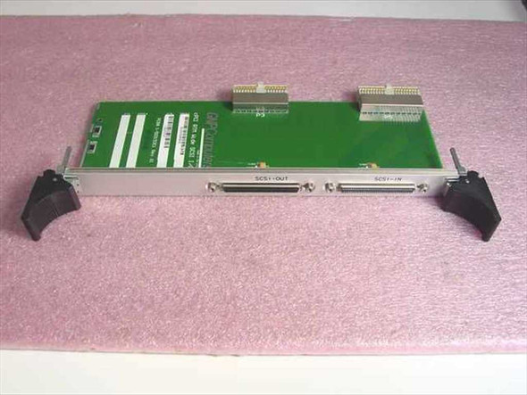 GNP Computers 1-503153C1 cPCI RTM Wide SCSI I/O Rear Transition Module – front face showing SCSI-OUT and SCSI-IN 68-pin HD connectors and aluminum card handle brackets