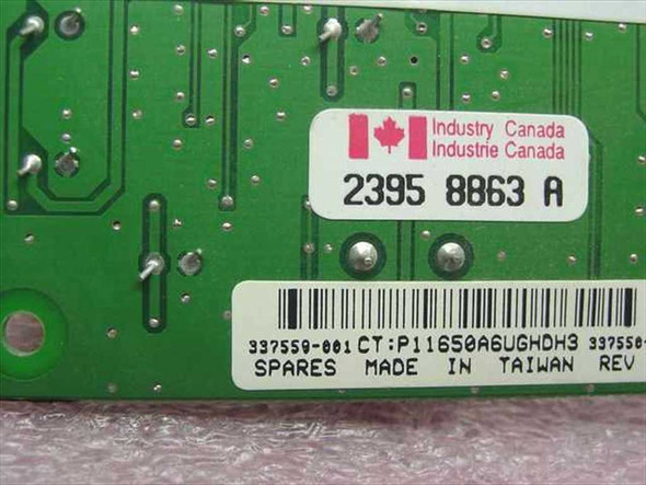 Compaq 337550-001 modem card – rear label showing part number 337550-001, Industry Canada certification 2395 8863 A, and Made in Taiwan notation