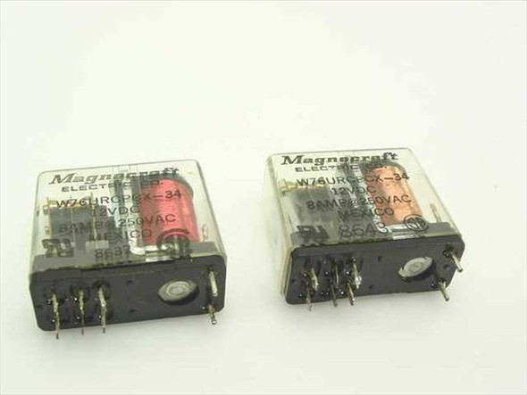 Magnocraft W76URCPCX-34 12VDC 8A 250VAC DPDT relay – front label view showing pair of two units, one with red indicator lens and one with amber lens