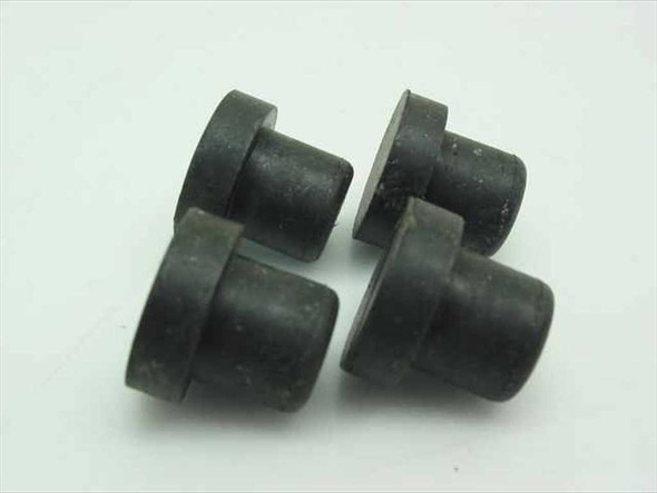Set of 4 black round rubber bumper feet shown from front-side angle, displaying flanged base and tapered cylindrical tip