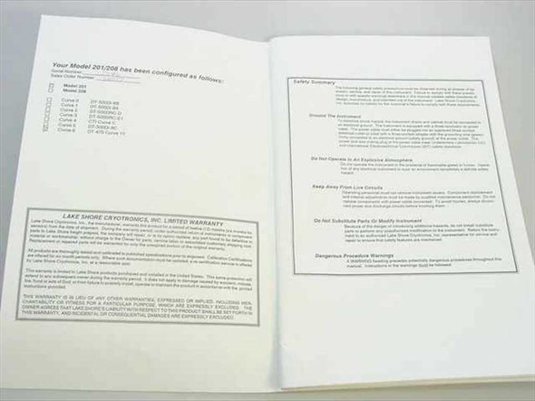 Lake Shore 201 208 Users Manual interior spread showing Model 201/208 configuration table and Lake Shore Cryotronics limited warranty text