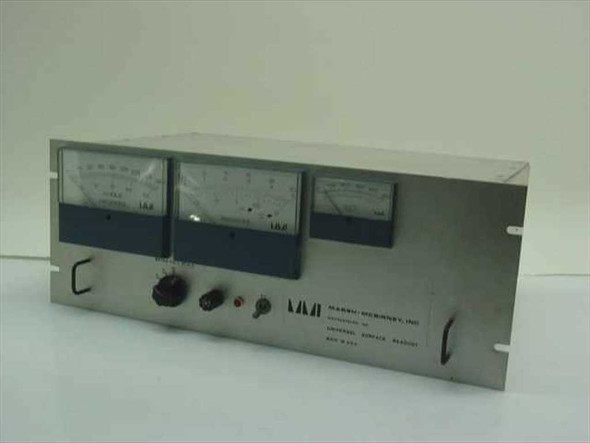 Marsh-McBirney Model 500 Universal Surface Readout front panel — three analog meters visible, power switch and indicator lights, rack-mount chassis