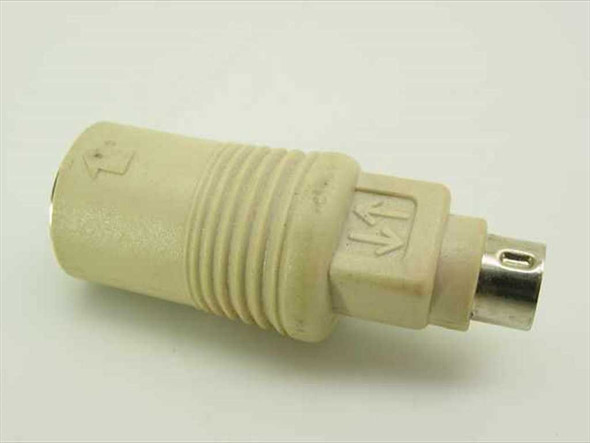 PS/2 Male to AT DIN-5 Female keyboard adapter – side profile view showing beige body and PS/2 mini-DIN male connector end