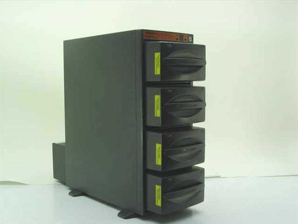 Megadrive EV-200 RAID Ultra SCSI 4-bay tower enclosure — front and right side view showing empty drive bays with yellow labels