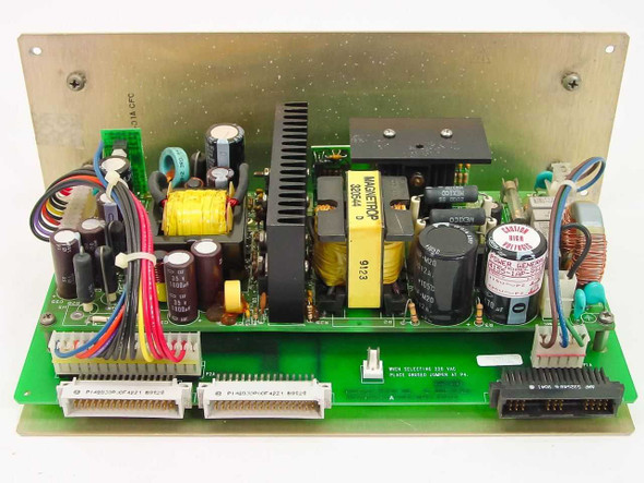 Cabletron MMAC PSM-R internal PCB top view showing transformer, capacitors, and multi-pin connectors