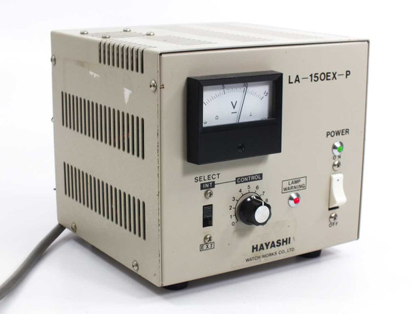 Hayashi LA-150EX-P microscope lamp power supply – front panel view showing analog voltmeter, SELECT INT/EXT switch, 10-position CONTROL knob, LAMP WARNING indicator, and POWER toggle switch