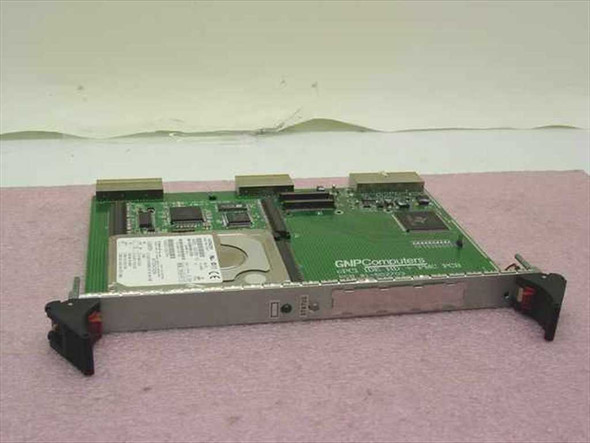 GNP Computers cPCI IDE HD PMC PCB 1-502703 Rev A — top-side view showing Hitachi DK23BA-10 hard drive and PMC mezzanine module mounted on the green PCB with front panel ejector handles