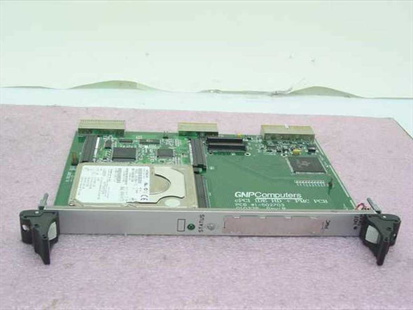 GNP Computers 1-502703 cPCI IDE HD PMC PCB Card with Hitachi DK23BA-10 HDD installed — front angled view showing card in cPCI faceplate