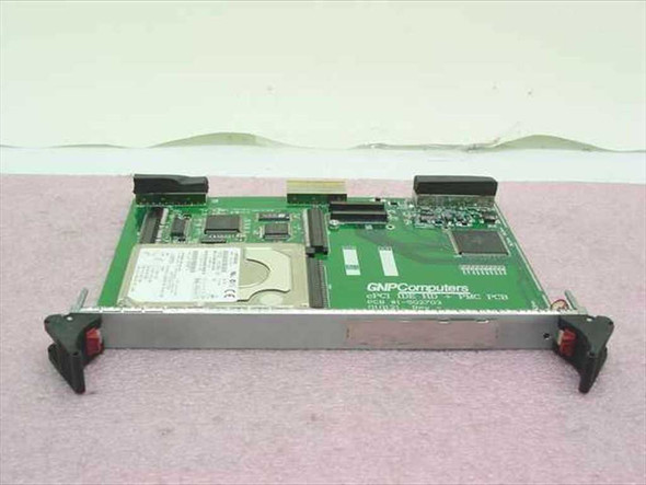 GNP Computers cPCI IDE HD PMC PCB Card 1-502703 – top side view showing installed Hitachi hard drive and PMC mezzanine area with front panel handles