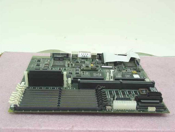 Sun Microsystems 595-4965 ATX System Board reverse angle top view showing component side with multiple ICs, SIMM slots along the right edge, and ribbon cable connector