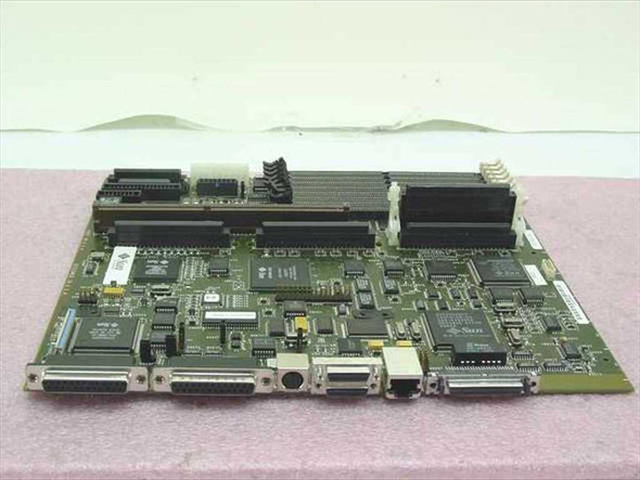 Sun Microsystems 370-2351 system board front view showing onboard connectors including parallel, serial, SCSI, and Ethernet ports along the edge