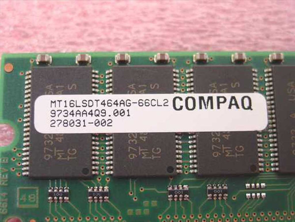 Compaq 278031-002 32MB SDRAM DIMM – label closeup showing MT16LSDT464AG-66CL2 chip marking and part number 278031-002