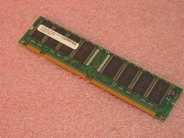 Compaq 278031-002 32MB SDRAM DIMM memory module – top side view showing Compaq-labeled chips on pink anti-static foam