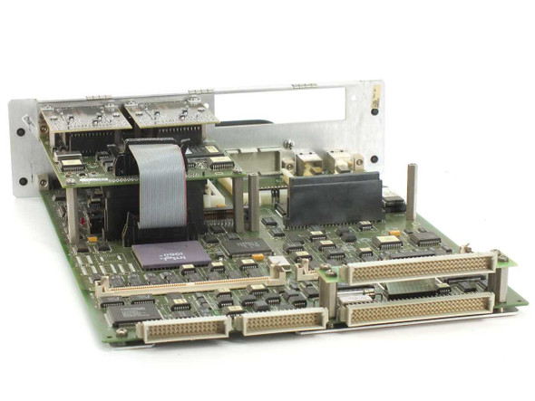 Cabletron EMM-E6 switch module — top-down view of main PCB showing ribbon cable, processor chips, and edge connectors