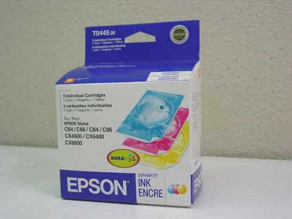 Epson T044520 DURABrite Ink 3-Pack box front showing Cyan Magenta Yellow cartridges for Stylus C64 C66 C84 C86 CX6400