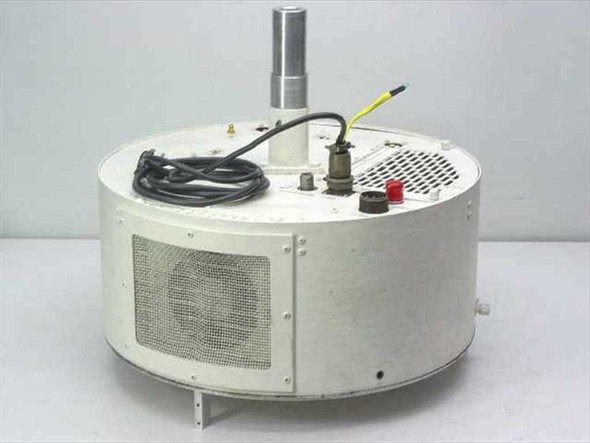 Channel Microwave AU323-5 antenna in custom round white cylindrical enclosure – front-left view showing mesh vent, top antenna stub, and attached cabling
