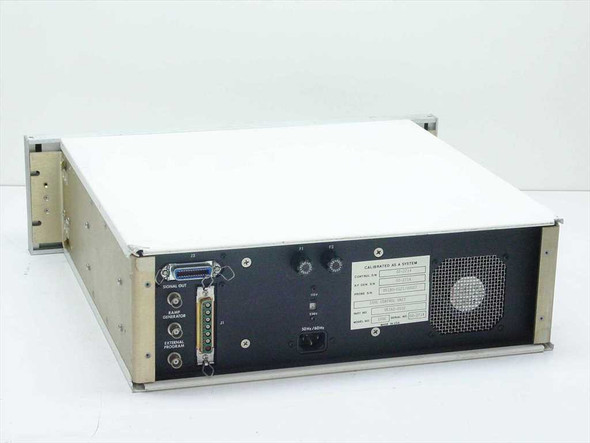 UTI Instruments 100C Gas Analyzer Controller rear panel view showing D-Sub connectors, BNC outputs, AC inlet, voltage selector switch, and cooling fan