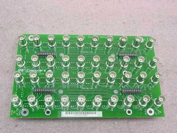 GNP Computers 1-501842 Rev A Demarc BNC Connector PCB Board — front view showing full array of BNC connectors arranged in transmitter and receiver rows