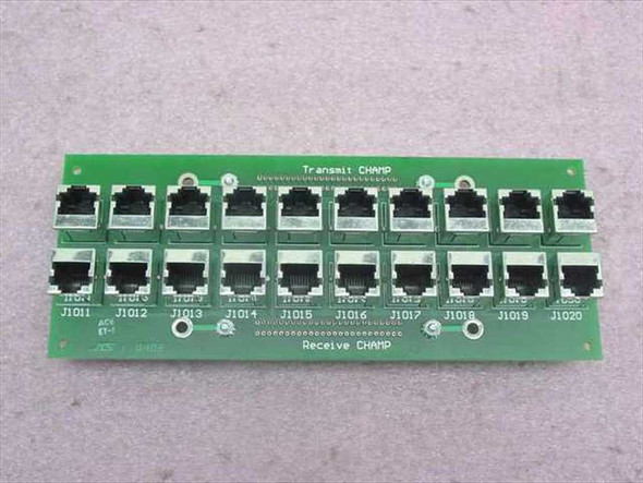 GNP Computers PDSI Demarc Champ50 RJ45 PCB 1-501523 — front side showing 20 RJ45 ports in two rows labeled Transmit CHAMP and Receive CHAMP