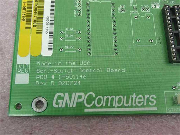 GNP Computers Soft-Switch Control Board 1-501146 Rev D 970724 – close-up of PCB label showing Made in USA marking and GNP Computers branding