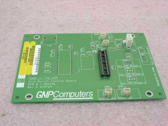 GNP Computers 1-501146 Soft-Switch Control Board PCB Rev D – front component side showing status LED, power LED, CPU temp sensor labels, and edge connector
