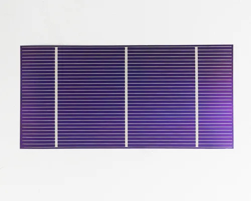 SoloPower CIGS 1.25W flexible thin-film solar cell, front face showing purple photovoltaic surface with silver bus bars, 7.5 x 3.75 inches