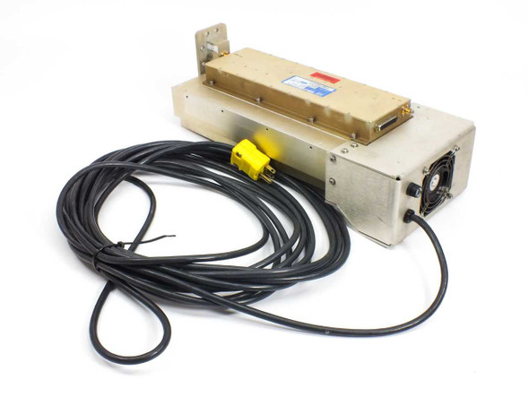 EF Data CPA 6025 C-Band SSPA – three-quarter front-right view showing full unit with yellow power connector, black power cable, and wall-mount bracket