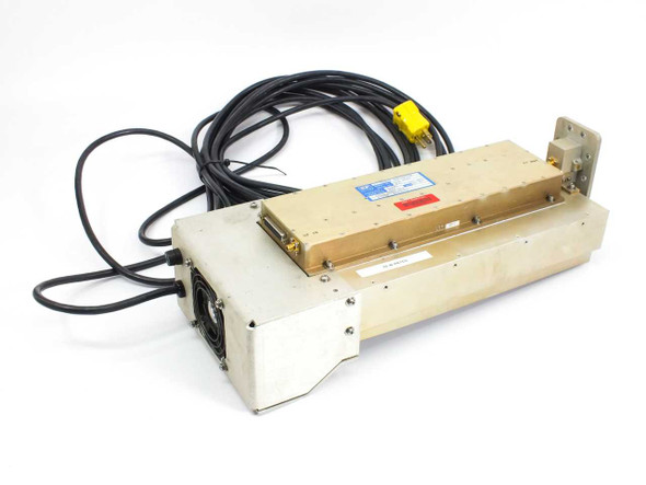 EF Data CPA 6025 C-Band Solid State Power Amplifier – three-quarter front-left view showing aluminum chassis, gold-anodized RF module on top, cooling fan, and attached cable harness
