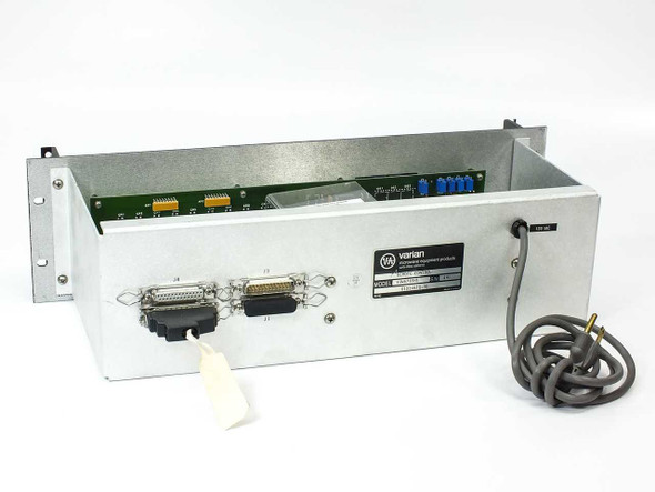 Varian VJW6769H1 Remote Control Unit – rear panel showing two DB-25 connectors and attached AC power cable, top cover removed