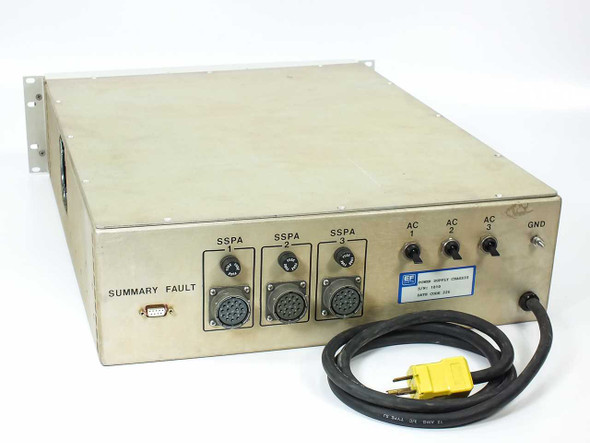 EF Data PS310 SSPA Power Supply rear panel showing three multi-pin SSPA connectors, AC inlets, and power cable