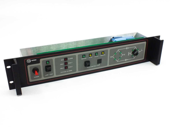 Varian VJW6703AR00 TWTA HPA Remote Control Unit – front panel angled view showing power switch, lamp test button, status/alarm indicators, and directional switch diagram