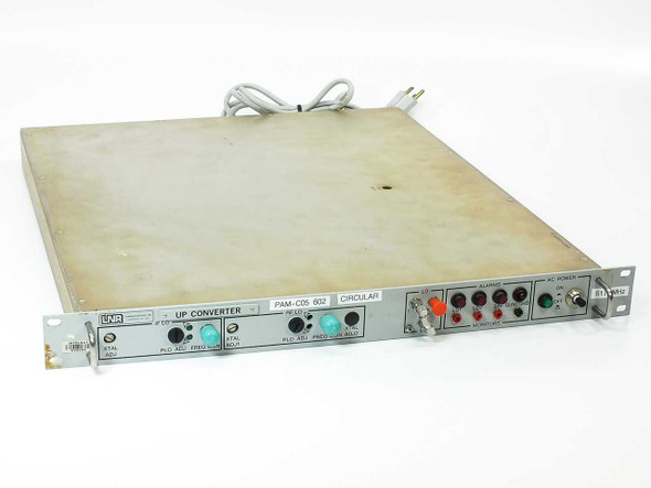LNR Communications 506010000-4 C-Band Upconverter front panel and top cover view showing 1U rackmount chassis with PAM-C05 602 Circular label and front-panel controls