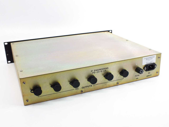 IF Engineering PS-24-6-2A — rear panel view showing 6 DC output jacks labeled DC OUTPUTS, AC IEC input connector, and 4A fuse holder