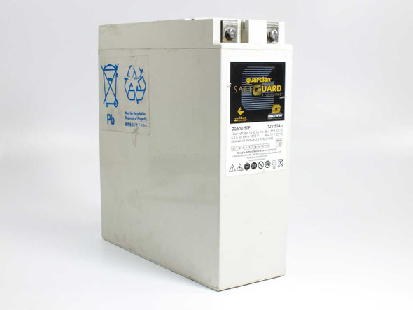 Douglas DGS12-50F Guardian SafeGuard Rackline 12V 50Ah lead-acid battery — front-right three-quarter view showing white case and label
