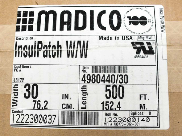 Madico InsulPatch W/W 4980440/30 box label showing item number, 30-inch width, 500-foot length, and roll number 1223000140