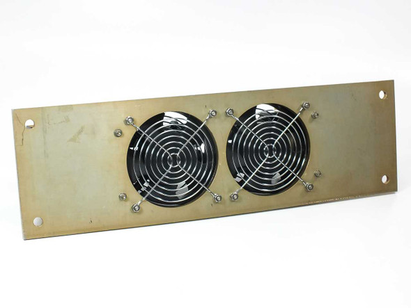 MCS 4009-0000G1 waveguide assembly rear panel view showing dual Sunon cooling fans with wire guards on brass mounting plate