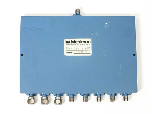 Merrimac PDM-81M-3.95G 8-way microwave power divider – top and front view showing 8 SMA output ports and label