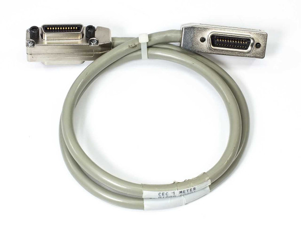 CEC 01000-90001 GPIB IEEE-488 1 meter cable coiled showing both straight 24-pin Micro-Ribbon connectors and cable label