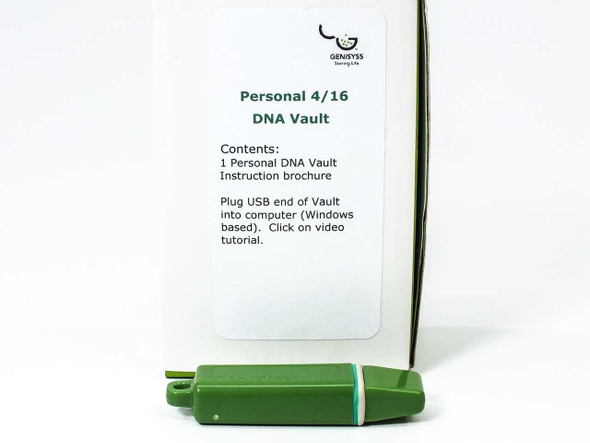 Genisyss Personal 4/16 DNA Vault – side of retail box showing contents list and instructions, with USB device in front