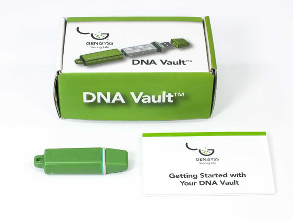 Genisyss Personal 4/16 DNA Vault – retail box, green USB device, and getting started brochure laid out on white surface
