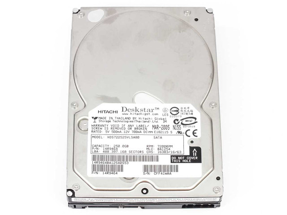 Hitachi Deskstar HDS722525VLSA80 250GB SATA hard drive — top label view showing model and specs