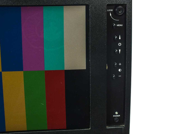 Videotek RMM-505B front panel right-side controls close-up showing LOCK key slot, MENU button, adjustment buttons, and POWER button with color bar test pattern visible on screen